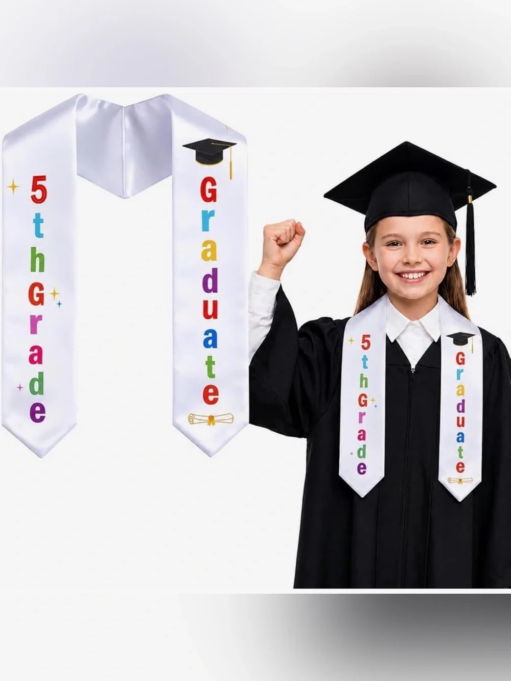 NNG 5th Grade White Graduation Stole Sash w/ Colorful 'Graduate' Lettering